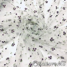 Ткань тюлевая метражом арт.DATEKS 18 выс.2,95м органза белая с люрексовой фиолетовой вышивкой розочки