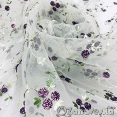 Ткань тюлевая метражом арт.DATEKS 18 выс.2,95м органза белая с люрексовой фиолетовой вышивкой розочки