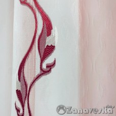 Готовый тюль полуорганза арт.GENS 38 бело-розовая с бордовым рисунком вензель/полоса