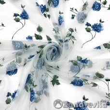 Ткань тюлевая арт.PREMIER 2 выс.2,90м метражом белая органза с сине-голубыми розами