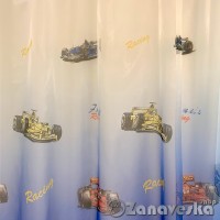 Полуорганза с сине-белым градиентом метражом от 1м/п арт.Domtex 46, выс.3,05м  рисунок "гоночные машины"