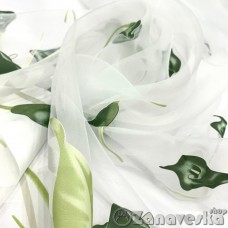 Тюль арт.VEMA 10 органза белая с печатным цветочным рисунком-изумрудные каллы